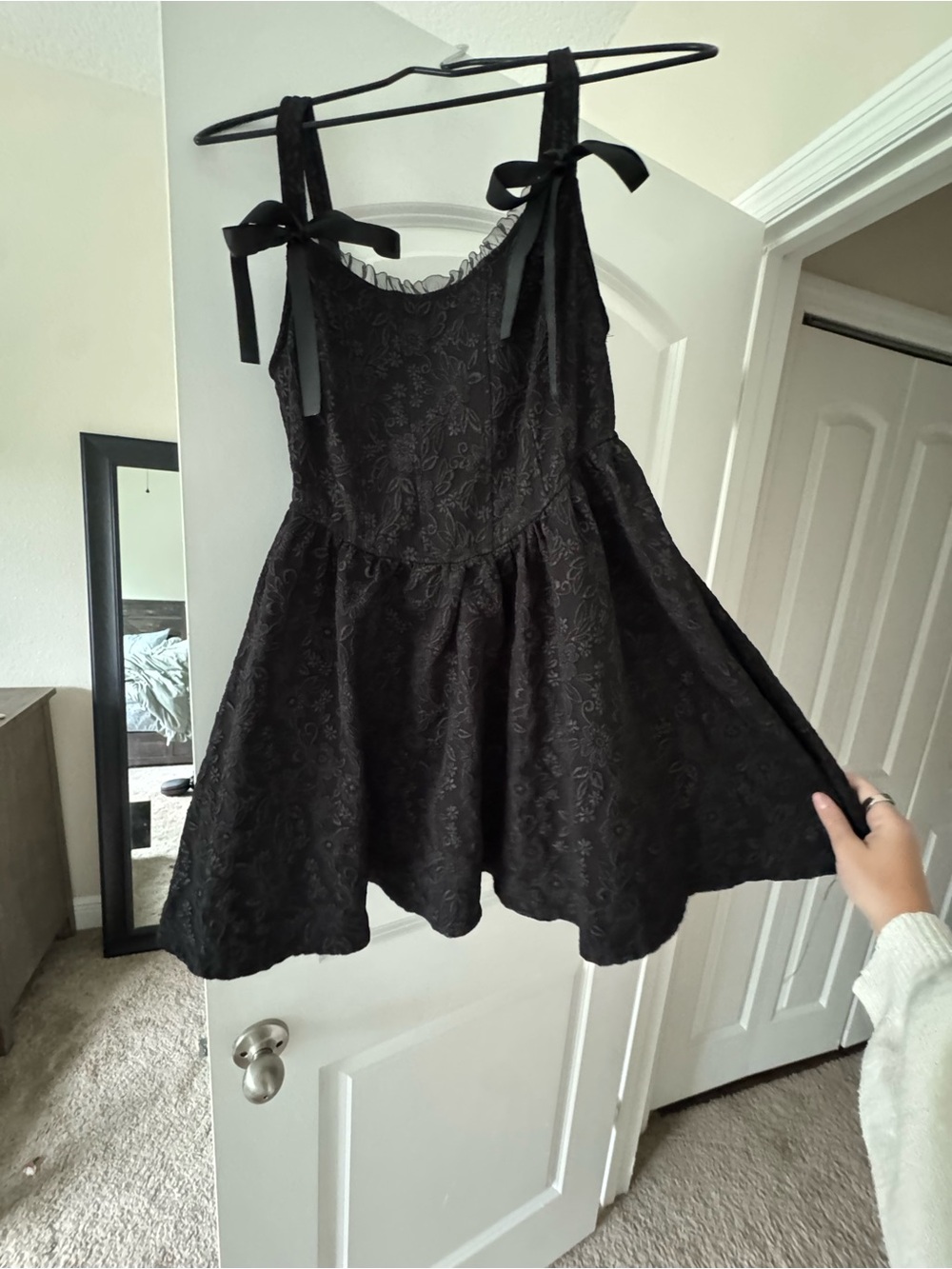 Black Floral Lace Tie-Shoulder Dress